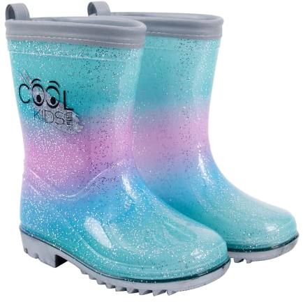 PERLETTI Stivali Bimba Glitter Azzurro e Rosa con Dettagli Riflettenti - Stivaletti Gomma Catarifrangenti per Bambine - Galosce Anti Pioggia Suola Antiscivolo Scuola Materna (Azzurro Gitter, 24/25 EU)