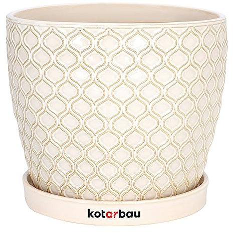 KOTARBAU® Pot de Fleurs en céramique pour Plantes ⌀ 17 cm Crème Vintage avec bac d'égouttement Motif écailles de Poisson
