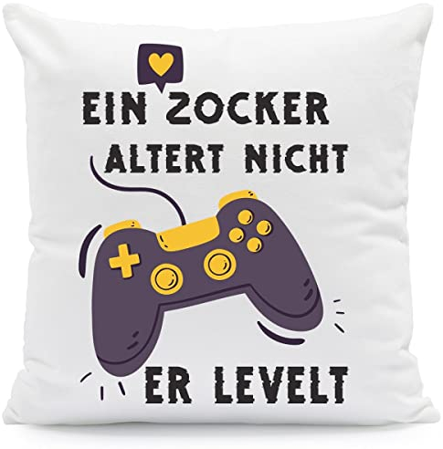 GRAVURZEILE Bedrucktes Kissen mit Spruch - EIN Zocker altert Nicht er levelt - bedruckter Bezug mit Reißverschluss - Geschenk für Gamer & Zocker als Gaming Deko - Farbe: mit Füllung