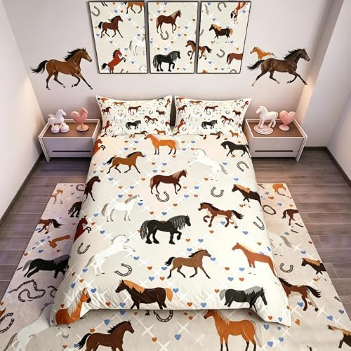 Kids Horse Bedding Set Double Kawaii Horses Bedding Duvet Cover Set for Girls Women Gray Buffalo Check Plaid Heart Decor Comforter Cover Farmhouse Grid Farmhorse Bedspread Cover Bedroom 3Pcs