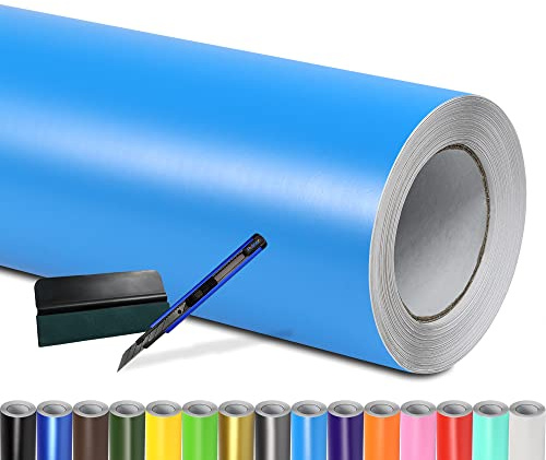 Folindo Autofolie Hell Blau Matt (10€/m²) - 300 x 152 cm – Selbstklebende Auto Lackschutzfolie mit Luftkanal Technik – Blasenfreie Auto Folierung inkl. Rakel & Cutter – Car Wrapping Folie