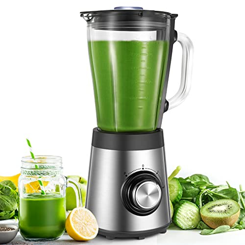 CCN Mixeur sur socle 500W Energie Smoothie Maker avec bol en verre résistant à la chaleur 1,5L, Blender avec fonction Ice Crush, 4 lames, 2 vitesses+Pulse, Smart Lock- Technologie, Gris