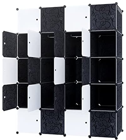 UISEBRT DIY Regalsystem Kleiderschrank aus Kunststoff Steckregal Kleiderschrank Garderobenschrank Schuhregal Kunststoffboxen, 20 Boxen mit Tür, Schwarz mit Muster