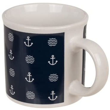 Seaside No.64 - Tasse maritime en grès – Avec ancres et vagues ou rayures avec logo – Phare ou ancre, bleu, blanc rouge (tasse bleue, symboles blancs)