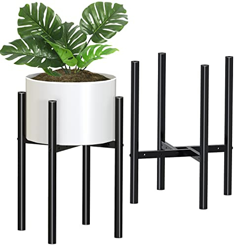 Bomclap Lot de 2 supports de pots de fleurs réglables en métal pour intérieur et extérieur - Pour pot de fleurs de 20 à 30 cm - Noir