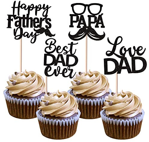 24 Stück Happy Father's Day Tortendeko Glitzer Best Dad Ever Cupcake Toppers Love Dad Moustache Glass Tortendekorationen für Happy Father's Day Party Männer Geburtstag Party Cake Decoration Schwarz