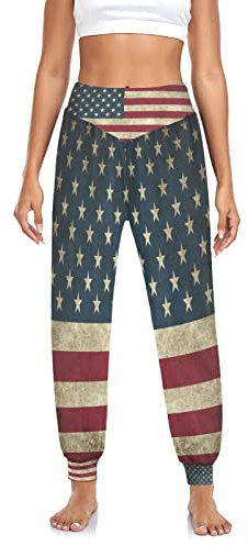 YOUJUNER Damenhose Yogahose Vintage USA Flagge Hohe Taille Haremshose Bequeme Lose Lounge Hose Strandhose Sweatpants, mehrfarbig, XL
