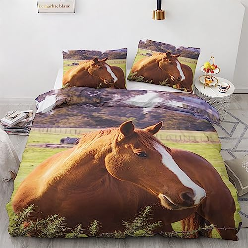 GEDAEUBA Sommer Bettwäsche 155x220 Pferde - Bauernhoftiere Bettbezug 155x220 3 teilig, Wendebettwäsche und Kissenbezug 80x80, Weiche & Atmungsaktive Mikrofaser Bettwäsche-Sets mit Reißverschluss