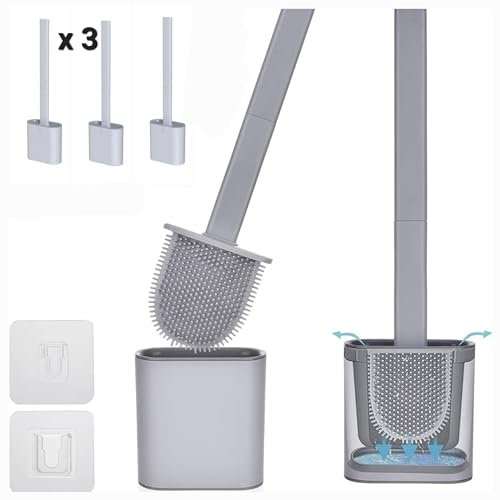 Revolutionary Grey 3 pack Deep Clean Silicone Toilet Brush & Quick Dry Anti-drip Holder, Flexible No scratch Bathroom Brushes