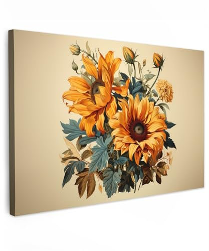 MuchoWow© Leinwände Groß 120x80 cm XXL Wall Decoration Bilder Schlafzimmer Deko Pictures Canvas Painting Wanddekoration Wohnzimmer Vintage - Blumen - Sonnenblumen - Beige - Natur