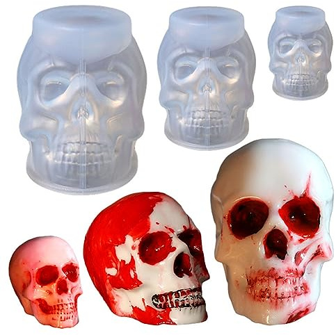 ZOOMPIL 3Pcs Molde de Silicona de Calavera 3D para Halloween, Transparente | Tres Tamaños, Silicona Antiadherente, Apto para Epoxi y Velas, Dulces, Chocolate, Jalea, Cubitos de Hielo