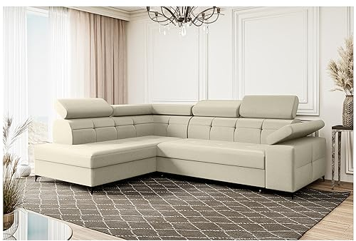 MEBLINI Schlafcouch mit Bettkasten - Ecksofa mit Schlaffunktion - Sofa mit Relaxfunktion und Kopfstützen - Couch L-Form - Eckcouch - Wohnlandschaft - Bergamo - 274x203x83cm Links - Creme Samt