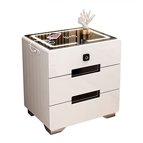 ZIRIA Modern side table with fingerprint lock, multifunctional bedside table with led light, simple bedside table with bluetooth speaker, wireless charging, usb, suitable for bedroom, living room