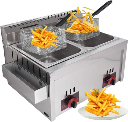 DJXLMN Friteuse à gaz professionnelle 10L x 2 réservoir d'assaisonnement en acier inoxydable – Parfait les frites commerciales dans les restaurants familiaux, 2 paniers une cuisson efficace