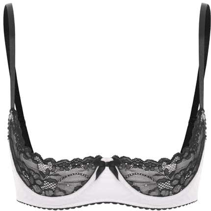 CHICTRY Womens Sheer Lace Lingerie 1/4 Cups Bare Exposed Breast Underwire Push Up Bra Tops Bralette White L