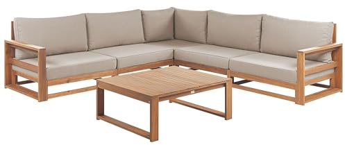 Beliani Lounge Set Zertifiziertes Akazienholz Hellbraun Ecksofa 5-Sitzer Kissen Tisch Timor II