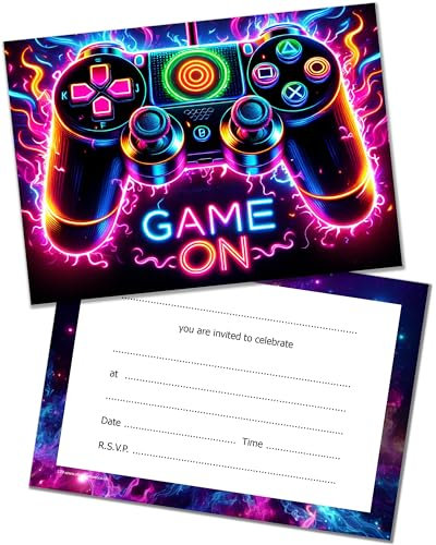 Olivia Samuel 40 PACK of Party Invitations with Envelopes - Gaming Themed Party Invites in Neon Colours. Designed and Printed in the UK