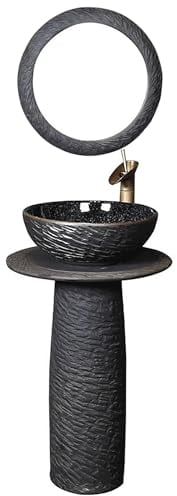 ZTGL Lavabo Rétro sur Colonne, Créativité Salle de Bain Céramique Rond Vasque avec Robinet et Drain, Lave Main Evier de Comptoir Style Rétro Décoration La Maison,with Mirror