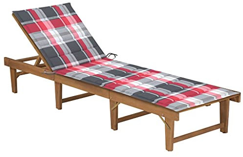 Generisch Klappbarer Liegestuhl mit Kissen aus massivem Akazienholz – 200 x 61 x 86 cm – Rot und Schwarz – Campingstuhl – Gartenliegestuhl – Hocker – Badezimmerstuhl – Loungesessel