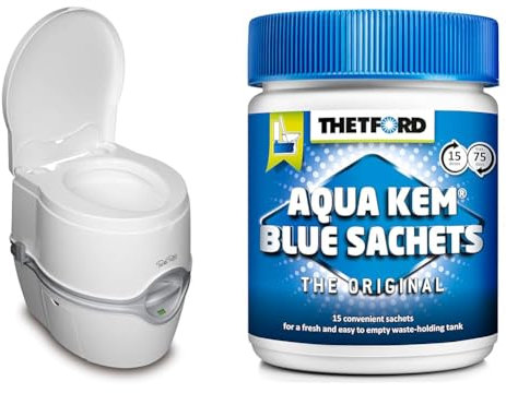Thetford 92306 Porta Potti 565E (Électrique) Toilette Portable, Blanc-Gris, 448 x 388 x 450 mm & 200413 - Aqua Kem Blue Sachets - Sachets solubles pour WC chimiques