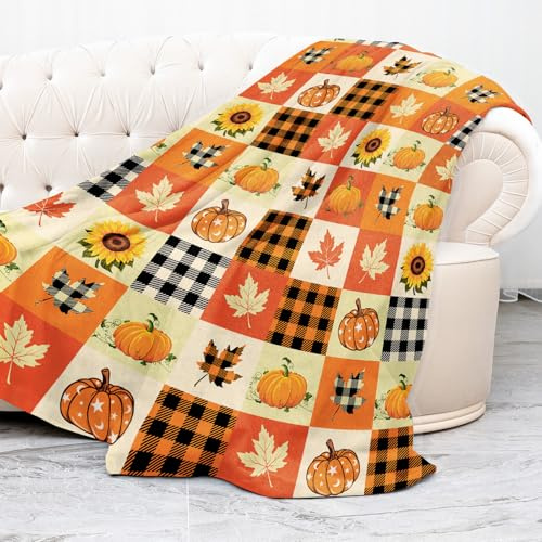 Givetoyou Herbstdekor-Decke, Herbst-Kürbis-Überwurfdecke, 152,4 x 127 cm, orangefarbenes Kürbismuster, Flanell-Fleece, Polyester, modern, Unisex, Erwachsene, leichte bis mittlere Wärme, Zuhause