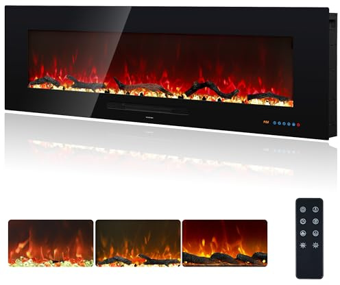 152 cm Electric Fireplace, Recessed and Wall Mounted Fireplace Inserts, 13 * 13 Flame Effects w/Dimer Remote control/Touchscreen, Adjustable Thermostat & Timer, 1500W, Black(60)