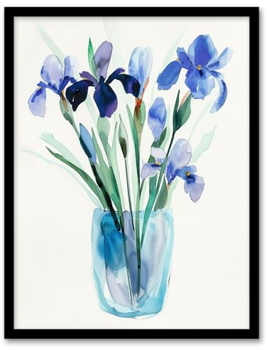 Artery8 Blue Iris Flower Bouquet Vase Floral Watercolour Living Room Artwork Framed Wall Art Print A4