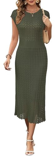 Newshows Summer Dresses for Women UK Hollow Knit Casual Work Business Elegant Ladies Midi Dress Army Green,S