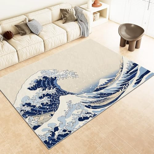 Srigzcaly Teppich rutschfeste für Wohnzimmer Esszimmer, Japanisches Ukiyo-E Wellen Dekor Teppich für Eingangsmatte Kinderzimmer - Beige Kurzflor Flanell Teppiche Pflegeleicht Waschbare 60x90cm