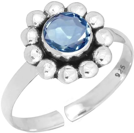 Jeweloporium Blauer Tansanitquarz Silber Verstellbarer Ring, 925 Sterling Silber Ring für Damen, Runder Stein Boho Schmuck