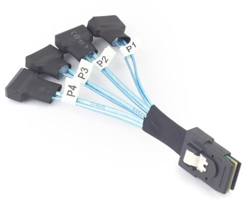 JMT Câble serveur Mini SAS 8087 mâle femelle haute vitesse Mini SAS 8087 vers Slim SAS 8654 4I/4X SATA 7P Adaptateur (pour 4 x SATA 7P mâle, 50 cm)