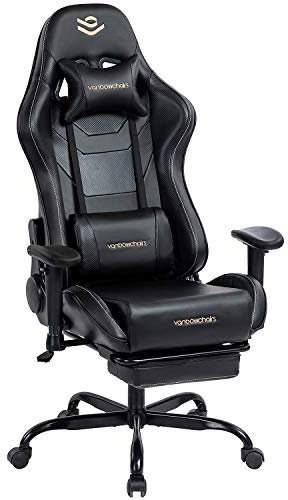 KCREAM Gaming Stuhl 150kg Belastbarkeit, PC Stuhl Ergonomischer Gaming Sessel mit Fußstütze, Drehbarer Schreibtischstuhl mit Rollen, Gamingstuhl mit Kopfstütze und Lumbalkissen, Schwarz