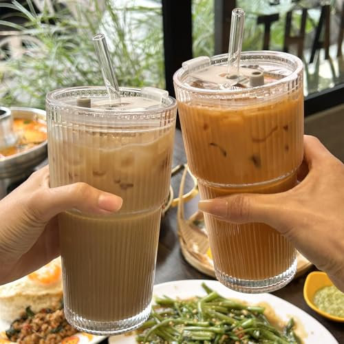 Lot de 2 gobelets en verre avec couvercle et paille - 600 ml - Verres à café, à bière, de voyage, à smoothie - Design anti-fuite - Pour café, cocktail, thé