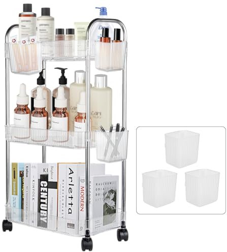 Speclux 3-Tier Clear Acrylic Rolling Storage Trolley on Wheels with Bonus Hanging Cups, Lockable Wheels & Handle - Multipurpose Utility Cart for Kitchen, Bathroom, Laundry, Craft, Book & Snack Storage