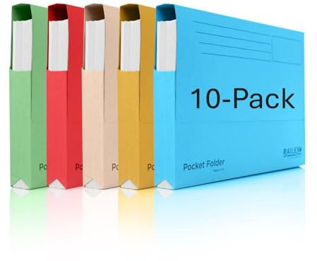 Railex Pocket Folder Foolscap Document Wallets - Assorted Folders Pack of 10 for Paperwork A4 and A4+, Recycled Board File Foolscap Document Wallet, Premium Filing Folder for Office and Home