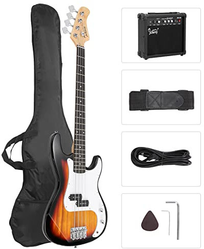 Bonnlo Electric Bass Guitar Kit for Beginners, Full Size 4/4 Bass with 20W amplifier and Bag, Cable, Strap, Stand，Strings, Maple Body, Ideal Starter Set for New Musicians Learner, Sunset