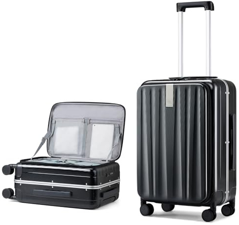 Hanke Hartschalenkoffer Mittelgroß Frontöffnung PC-Material Koffer Hartschale mit TSA-Schloss Aluminium Koffer mit 360° Spinner Silent-Räder 61cm(69L), Schwarz