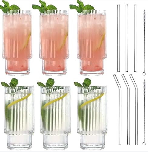 6 Pcs Ribbed Glass Tumblers Set with Straws - 310ml Drinking Glasses Tea Juice Cup for Cocktails, Iced Coffee, Hot and Cold Drinks & Whiskey - Dishwasher Safe, Lead-Free