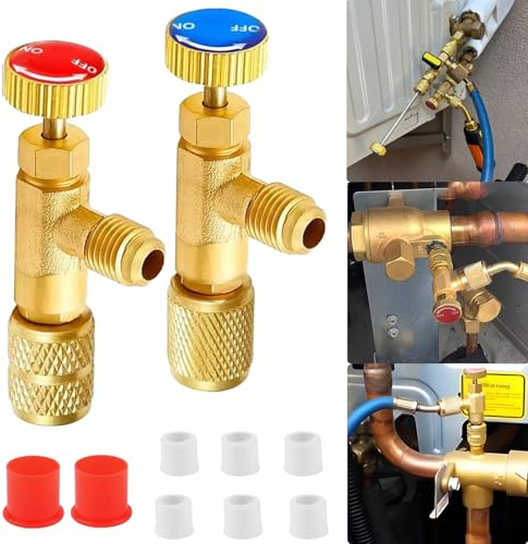 Artspherees Kältemittel Sicherheitsventil R410A R22 Anschluss, 2 Stück Messing Durchflussregelventil für Klimaanlagenverteiler 1/4 5/16, Klimaanlage Adapter,Kältefüller Sicherheitsventil