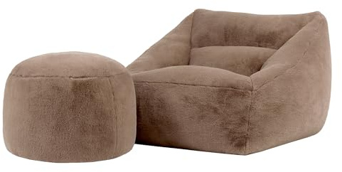 icon Natalia Bean Bag Chair with Pouffe, Mocha Brown, Faux Fur, Large Adult Bean Bag with Filling Included, Comfy Chair, Armchair, Living Room Furniture, Bedroom Furniture