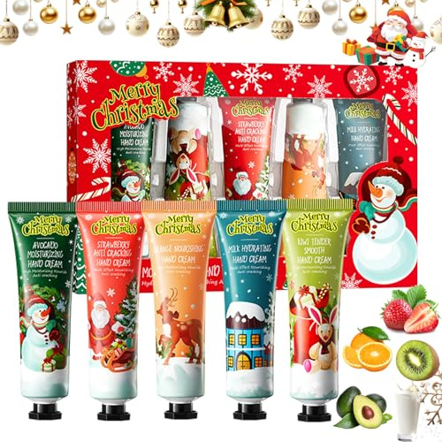 Handcreme Weihnachten Set 5PCS, Mini Handcreme Geschenkset Frauen Männer, Feuchtigkeitsspendende Handcreme für Sehr Trockene Hände, Handpflege Creme Kleine Weihnachtsgeschenke Zum Verschenken
