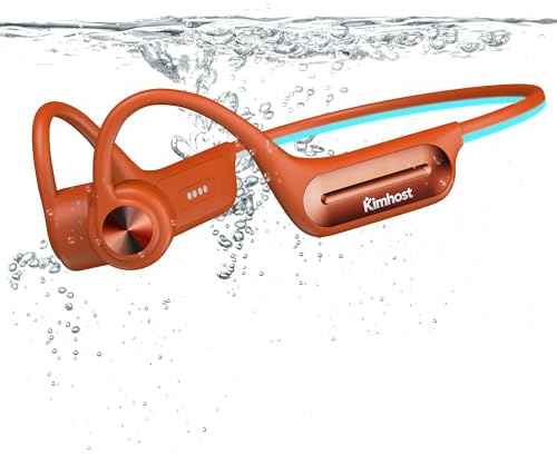 KIM HOST Cuffia Conduzione Ossea per Nuoto, Auricolare Open Ear Bluetooth 5.3 IP68 Impermeabile, Memoria MP3 32G, per Sport, Nuoto, Ciclismo, Corsa (Arancione)