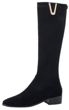 Generico Stivali Donna Camoscio Alti al Ginocchio Punta A Punta Tacco Basso Largo Zip Laterale Dettaglio V Morbidi Comodi Antiscivolo Resistenti Casual Ufficio Scarpe,Nero,42.5 EU