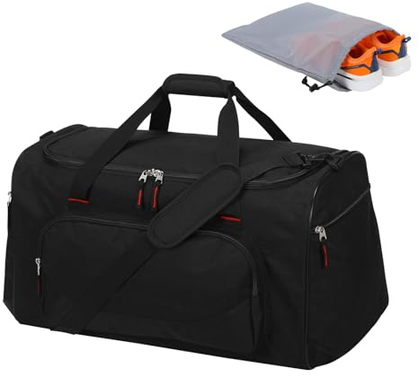 LONALIA 55L Large Gym Sports Duffle Bag for Men - 22 inch Mens Weekend Holdall Bag with Shoe Bag (Black)