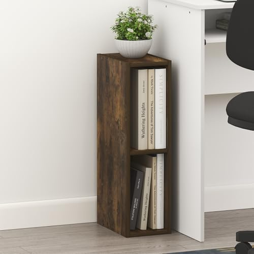 Furinno Fulda Bücherregal, 2-stöckiges schmales Bücherregal, Regal mit 6-Zoll breitem Stauraum, 23,6(T) x 15,0(B) x 53,8(H) cm, für Wohnzimmer, Schlafzimmer, Home Office, Amber-Kiefer