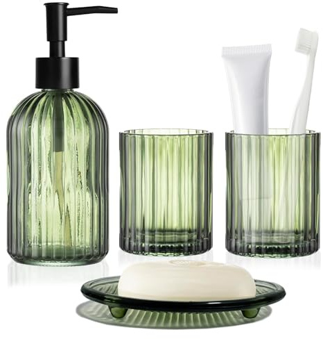 Grünes Badezimmer-Accessoire-Set, 4-teilig, Komplettset aus Glas | Bestehend aus Seifenspender, Mundspülbecher und Seifenschale zur Dekoration von Badezimmern und Waschtischen.