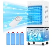 Klimaanlage Mobil 45W, Tragbarer Luftkühler3-seitiger Lufteinlass, 6 Modi, Verdunstungskühler mit 12L Abnehmbarem Tank, 24h Timer, 60/120° Oszillation, Leise, Fernbedienbar, für Zuhause & Schlafzimmer