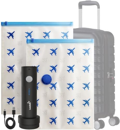 Lavatelli Vac-U-Set – Bomba Vacío Inalámbrica USB-C + 2 Bolsas 40×60 cm | Kit Ahorra Espacio para Trolley Cabina 55×40×20 cm | Sin Facturar Equipaje Ryanair, Vueling & easyJet