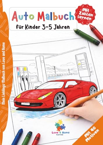 Auto Malbuch für Kinder 3-5 Jahre, Fahrzeuge ausmalen und Zahlen lernen: Einfaches Malbuch mit Zahlen und klaren Linien für Jungen und Mädchen
