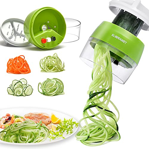 ELIRIVAWET Cortador de Verdura, 4 en 1 Rallador de Verduras Calabacin Pasta Espiralizador Vegetal Veggetti Slicer Pepino, Espaguetis de Calabacin, Cortador Espiral Manual, Útiles de Cocina prácticos